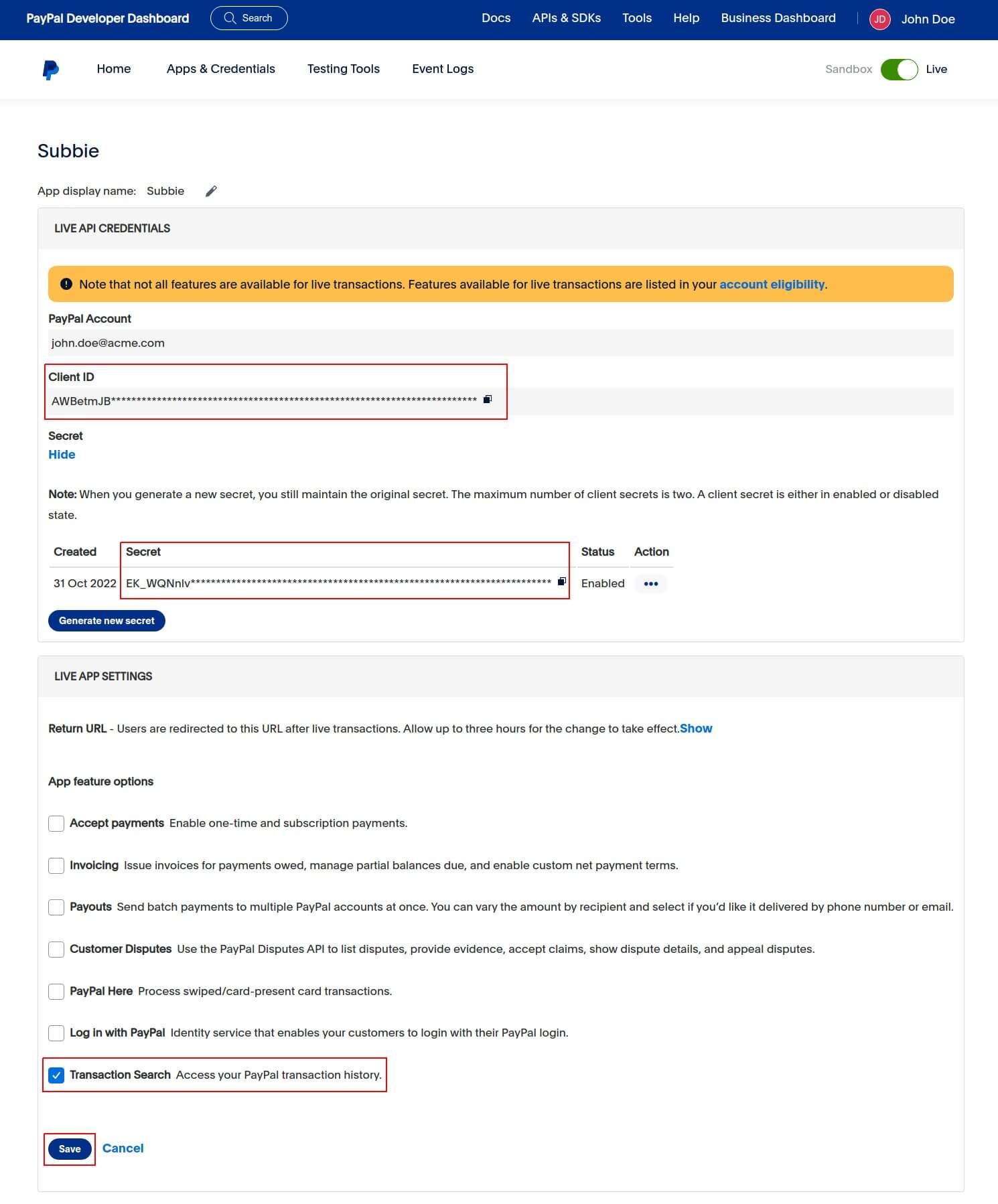 Copy the Client ID and Secret from the application details and make sure the Transaction Search option is ticked