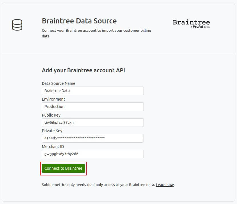 enter api credentials and click connect to braintree