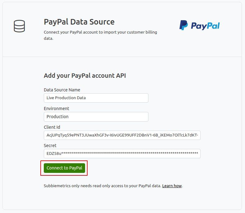 Enter your PayPal details on the data source in Subbie