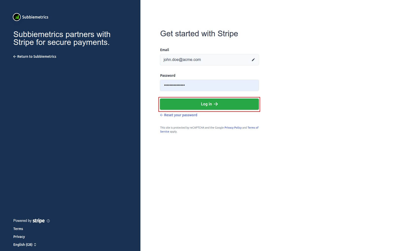Put in your Stripe password to log into your account