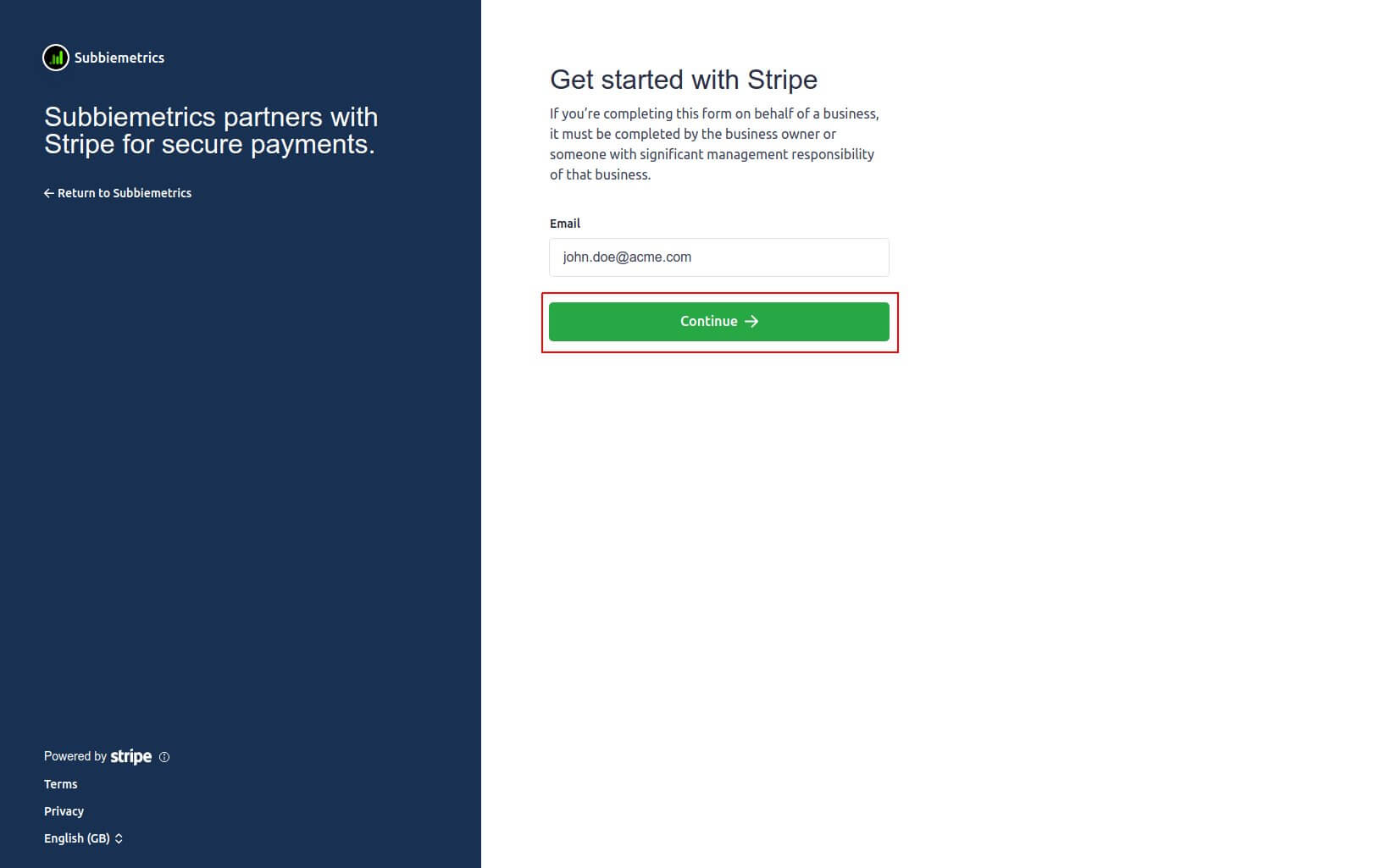 Enter your stripe account email