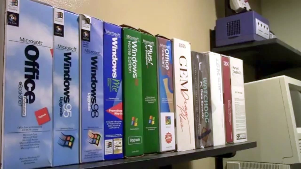 boxes of software on a shelf